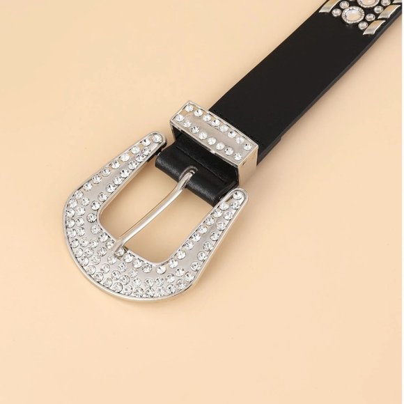 Vegan Leather Rhinestone Decor Buckle Belt - Picture 2 of 6
